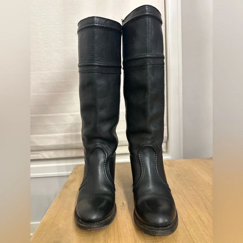 Frye Jean Tall Pull On Boot Black Over The Knee Leather Block Heel Womens 8 B